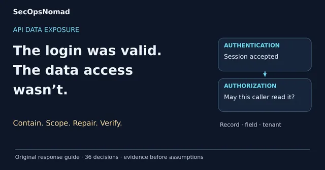 API data exposure: authentication can succeed while authorization to another customer's data must fail. Contain, scope, repair and verify.