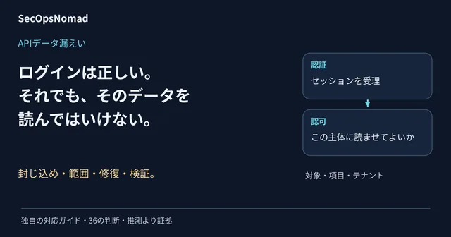 APIデータ漏えい：認証に成功しても、別の顧客のデータへのアクセスは認可で拒否する。封じ込め、範囲、修復、検証。
