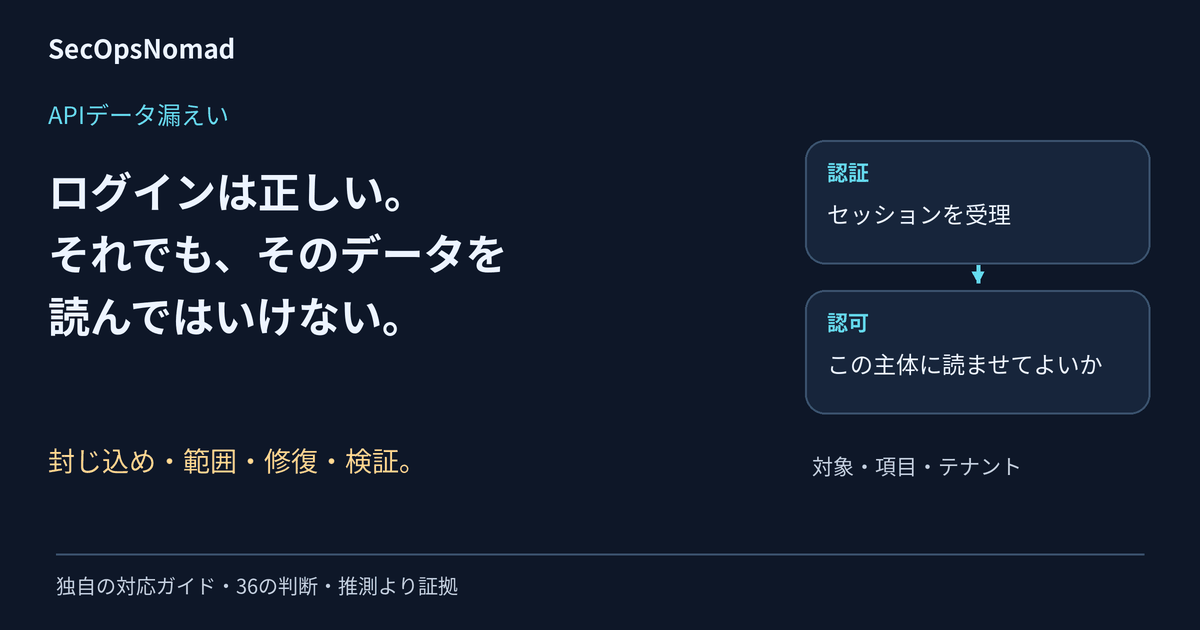 APIデータ漏えい:認証に成功しても、別の顧客のデータへのアクセスは認可で拒否する。封じ込め、範囲、修復、検証。