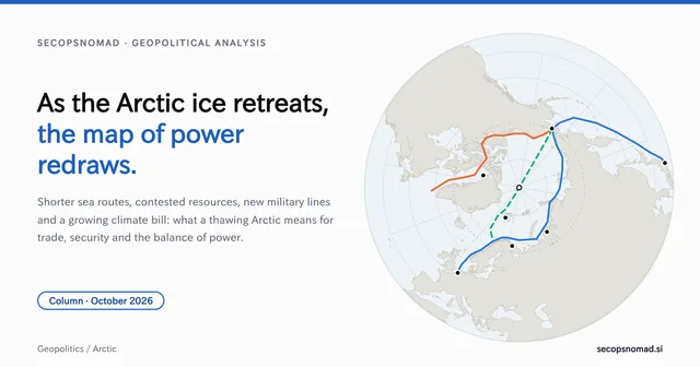 Header graphic: the headline As the Arctic ice retreats, the map of power redraws, beside a map centred on the North Pole showing the Northern Sea Route along Russia's coast, the Northwest Passage through Canada and a transpolar route over the pole.