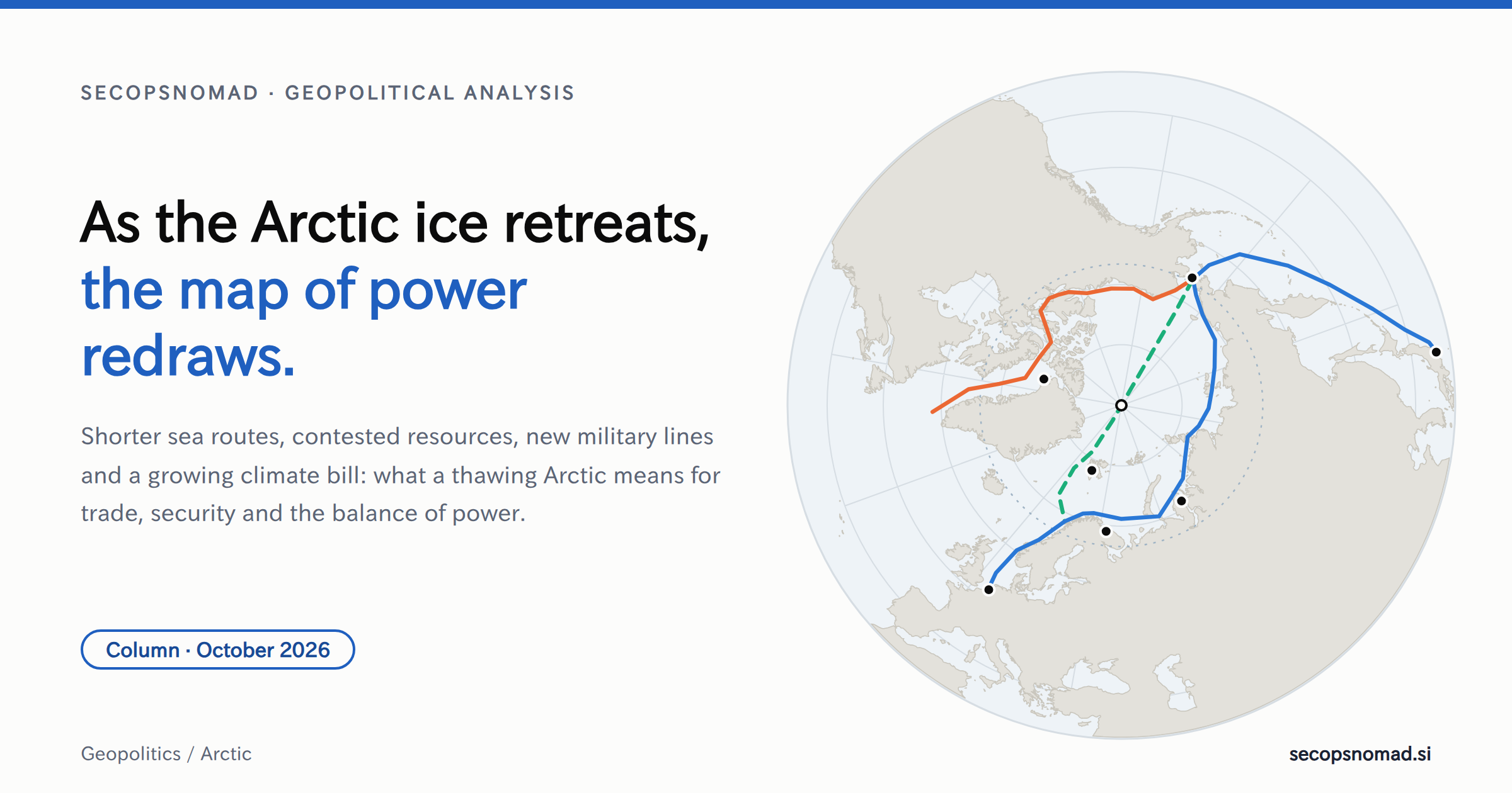 Header graphic: the headline As the Arctic ice retreats, the map of power redraws, beside a map centred on the North Pole showing the Northern Sea Route along Russia's coast, the Northwest Passage through Canada and a transpolar route over the pole.