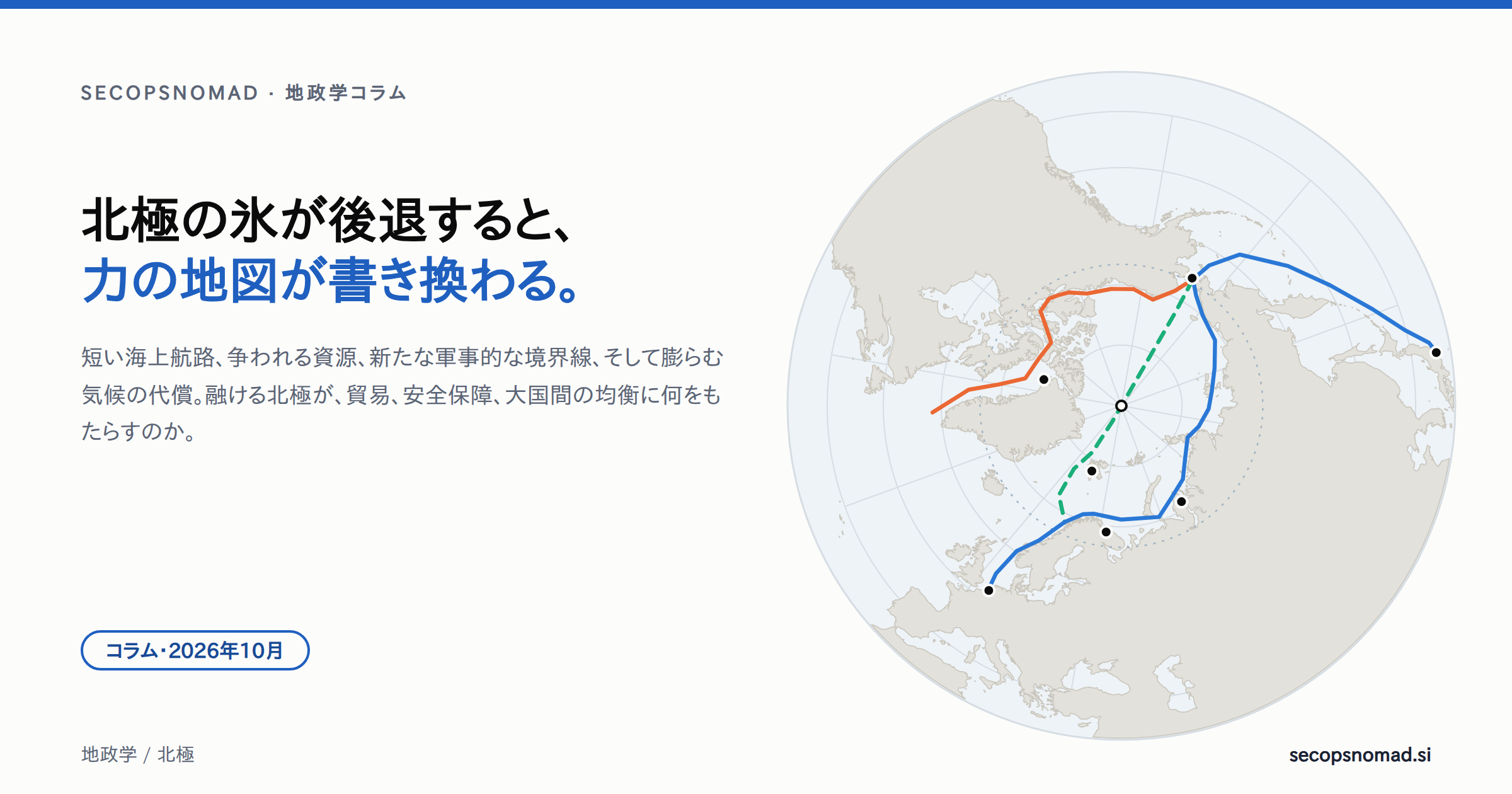 ヘッダー画像：「北極の氷が後退すると、力の地図が書き換わる。」の見出しの横に、北極点を中心とした地図。ロシア沿岸を通る北極海航路、カナダの多島海を通る北西航路、北極点を通る北極点航路が描かれている。