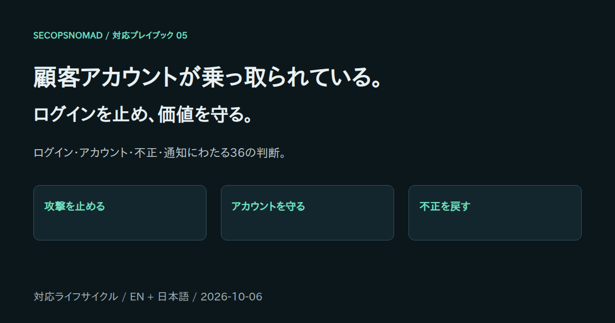顧客アカウント乗っ取りへの対応：リスト型攻撃の阻止、アカウント保護、不正の取り消しを36の判断で整理。