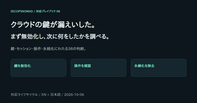 クラウド鍵漏えいへの対応：鍵の無効化、操作の確認、永続化の除去を36の判断で整理。