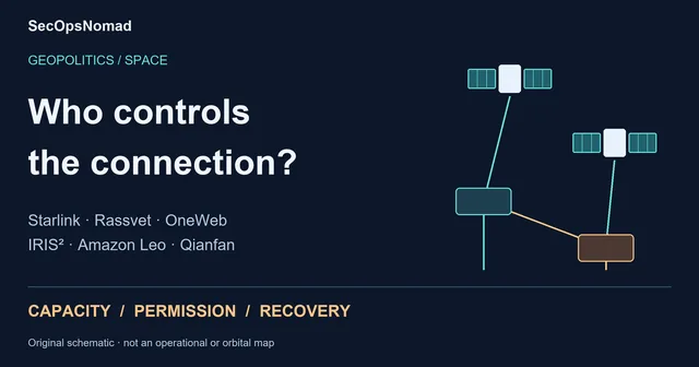 Original diagram of satellites connected to ground services, asking who controls the connection through capacity, access and recovery. Not an orbital map.