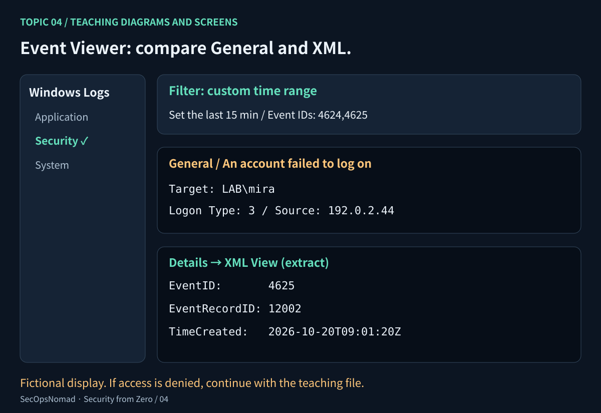 Simplified Event Viewer screen with Windows Logs, Security selected, a filter for the last 15 minutes and IDs 4624 and 4625, and a selected failed logon. The General panel shows the target account and logon type. The XML panel labels EventID, EventRecordID and TimeCreated. The displayed record is fictional.