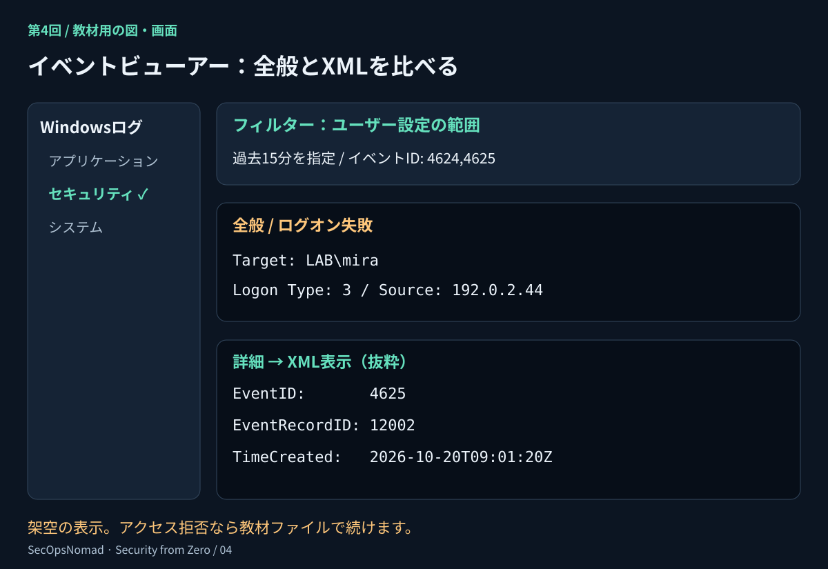 イベントビューアーの簡略図。Windowsログのセキュリティを選び、過去15分、ID 4624と4625で絞り込む。選択した失敗ログオンの全般には対象アカウントとログオンタイプ、XMLにはEventID、EventRecordID、TimeCreatedが表示される。記録は架空の教材用。
