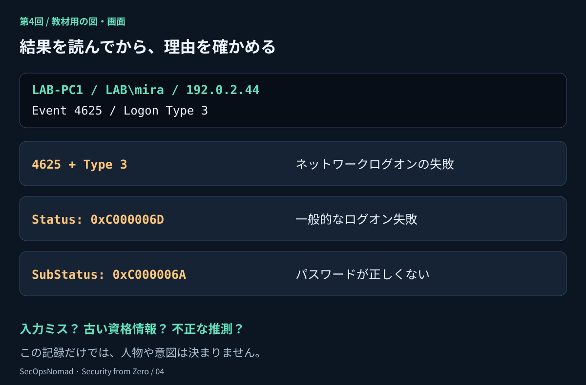 LAB-PC1のLAB\miraに関する失敗ログオンのフィールド図。イベント4625、ログオンタイプ3、Status 0xC000006D、SubStatus 0xC000006A。ネットワークログオンの失敗、一般的なログオン失敗、パスワード誤りという読み方を示す。人物や意図は特定できない。