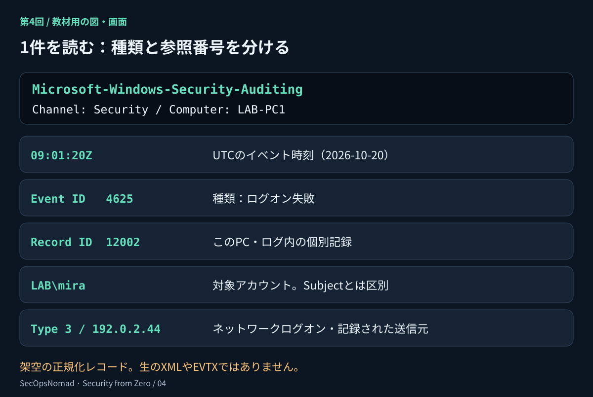 失敗ログオン1件を読む教材図。プロバイダーはMicrosoft-Windows-Security-Auditing、チャネルはSecurity、記録したPCはLAB-PC1。時刻は2026-10-20T09:01:20Z、イベントIDは4625、レコードIDは12002。対象はLAB\mira、ログオンタイプ3、送信元192.0.2.44。種類を表す番号と、個別の記録を参照する番号を分けて示す。