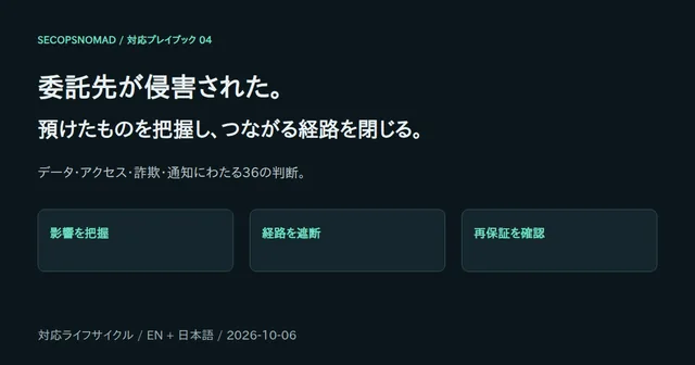 委託先の侵害対応：影響範囲の把握、接続経路の遮断、委託先の復旧確認を36の判断で整理。