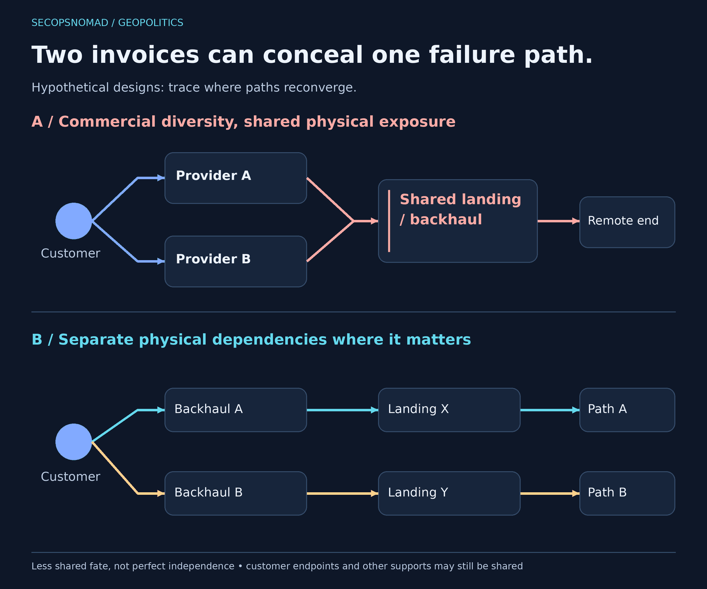 Comparison of two hypothetical network designs. In the upper design two provider contracts converge on one inland corridor and one landing area, creating shared failure exposure. The lower design separates backhaul, landing areas and sea corridors to different destination paths, reducing shared fate. The customer site and other dependencies can still be shared; no universal independence guarantee is implied.