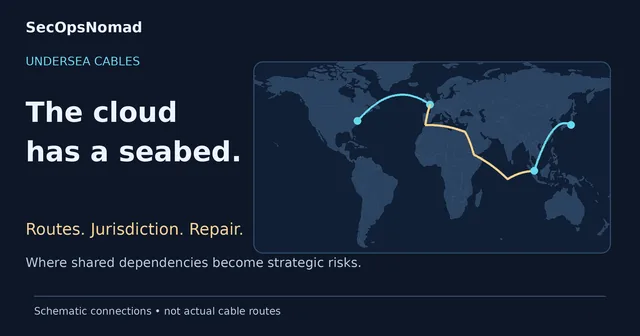 Original world-map graphic showing conceptual connections between continents. The cloud has a seabed: routes, political decisions and repair capacity determine resilience. Lines are schematic, not actual cable routes.